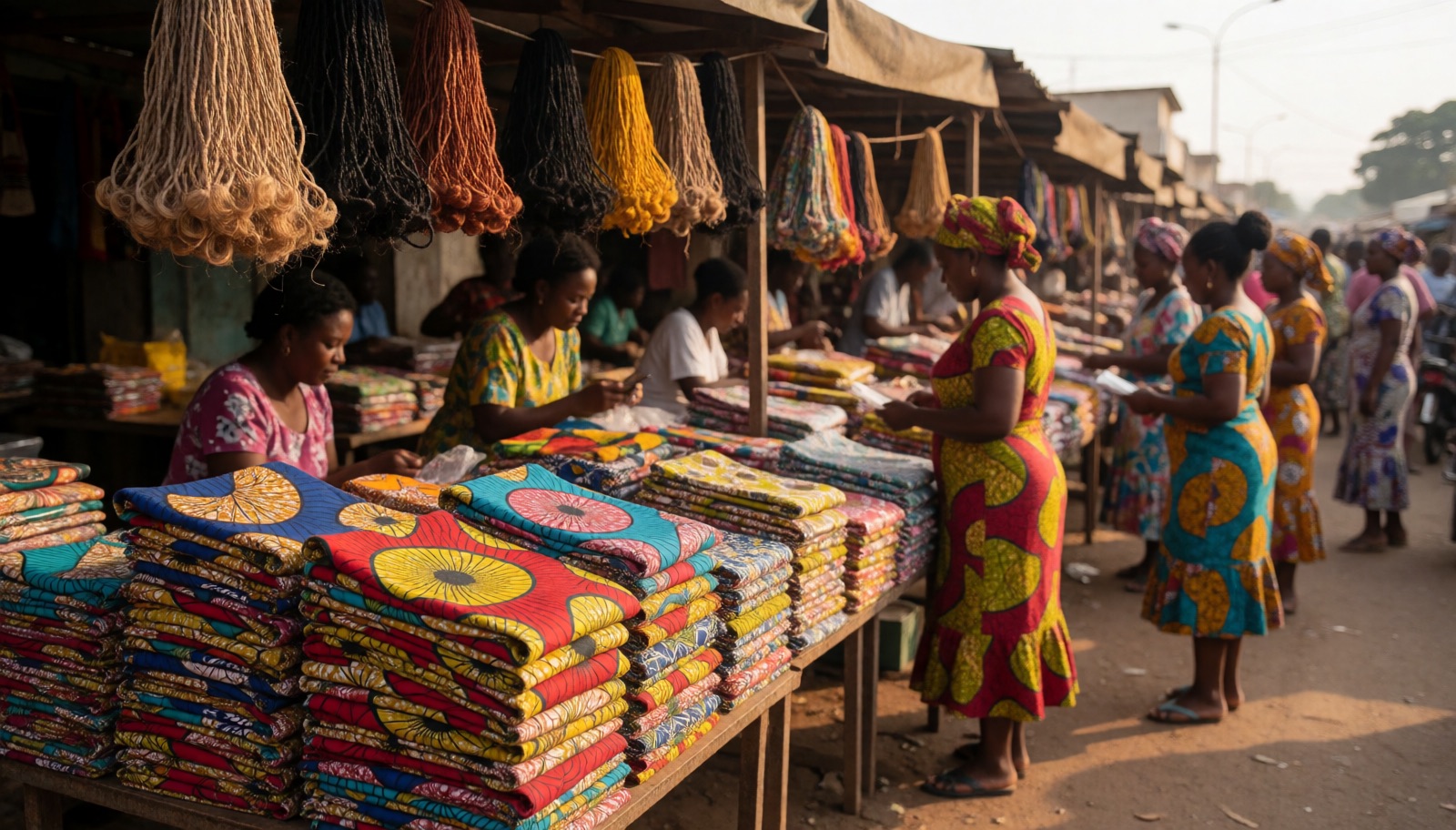 Bunter Markt in Yaoundé mit Wax-Print-Stoffen und Flechthaar