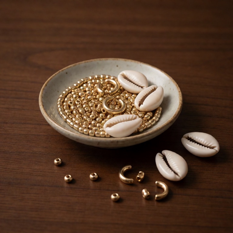 Goldperlen und Kaurimuscheln
