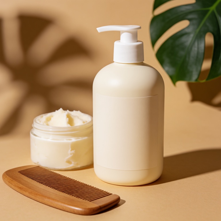 Shampooflasche mit Sheabutter und Holzkamm