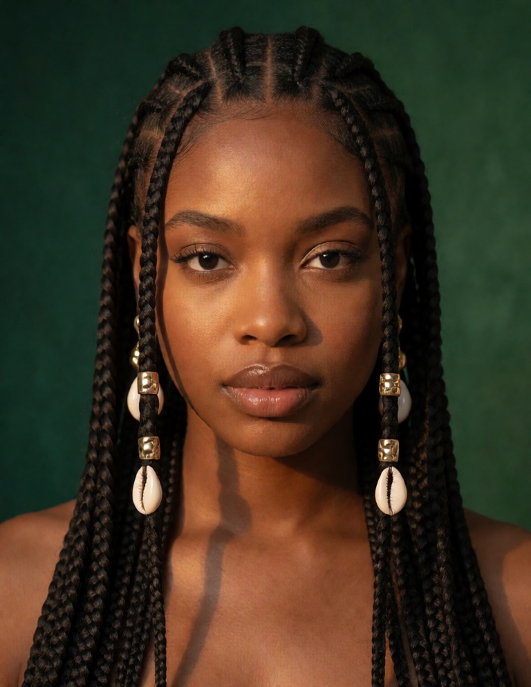Frau mit Fulani Braids, Goldperlen und Kaurimuscheln