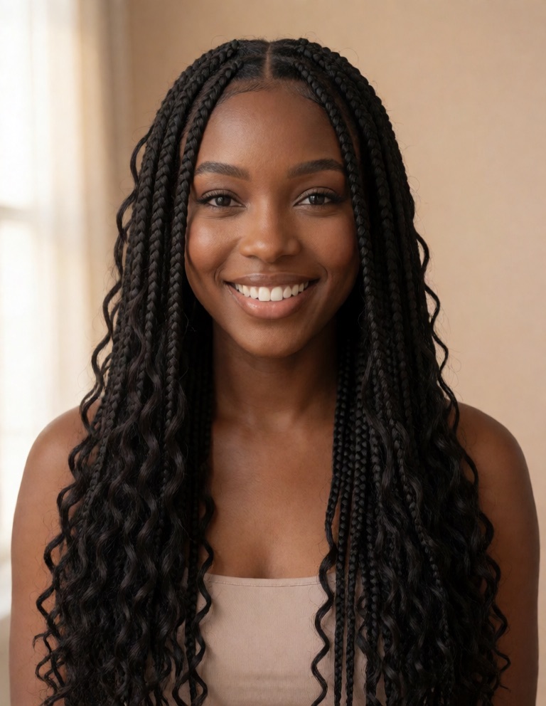 Frau mit langen Knotless Braids und lockigen Enden