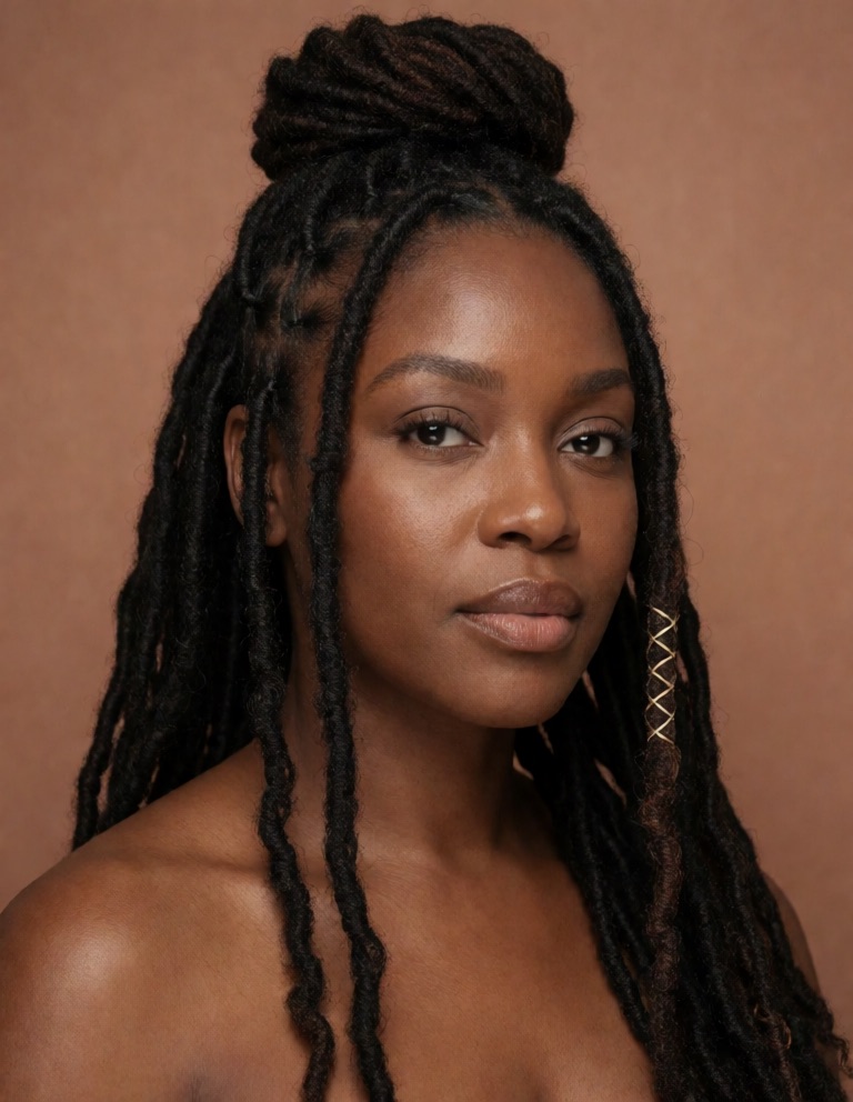 Frau mit langen Soft Locs im halben Dutt