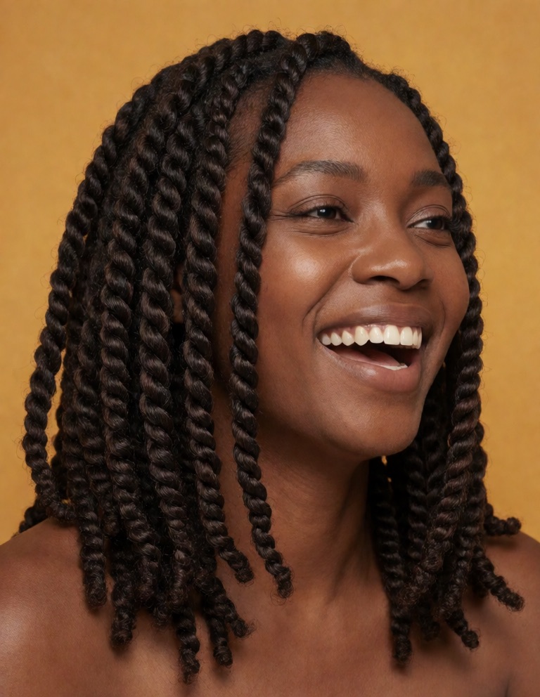 Lachende Frau mit schulterlangen Passion Twists